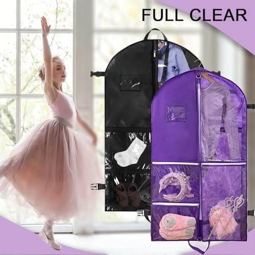 Punklong 2 Pack 40" Kids Suit Bag Dance Costumes Bags with 3 Zipper Pockets,ID Slot and Clear Foldable Suit Cover for Kids Women Hanging Clothes for Travel Competitions,110×60cm (Purple) — view 3