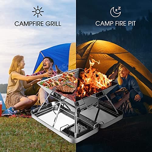 KAHEIGN Stainless Steel Fire Pit, Foldable BBQ Grill Rack Portable Campfire Pit Liftable Wood Burning Charcoal Grill for Camping Picnic Patio Backyard Garden - with Iron Box & Carrying Bag — view 3