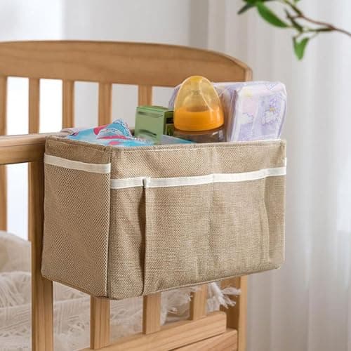 BESPORTBLE Bedside Hanging Storage Bag for Dormitory and Car Use, Beige Cotton Linen Organizer with Multiple Pockets, Bedside Phone Holder and Small Item Storage for Bedroom and Travel — view 2