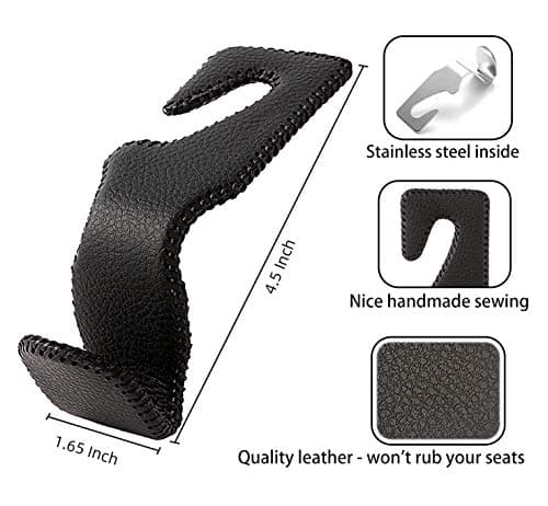 AMVOYOA Headrest Hooks for Car, Back Seat Organizer Black Leather Hanger Holder Hook, for Hanging Purses and Bags and Coats, Pack of 2 — view 6