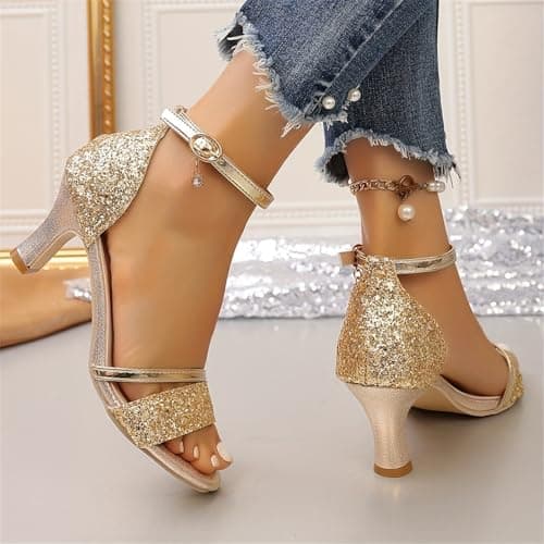Womens Open Toe Block Heels Ladies High Heel Sandals Sparkly Summer Heeled Buckle Adjustable Elegant Retro Wide Platform Comfortable Casual Walking Outdoor Shoes (Gold, 5) — view 3