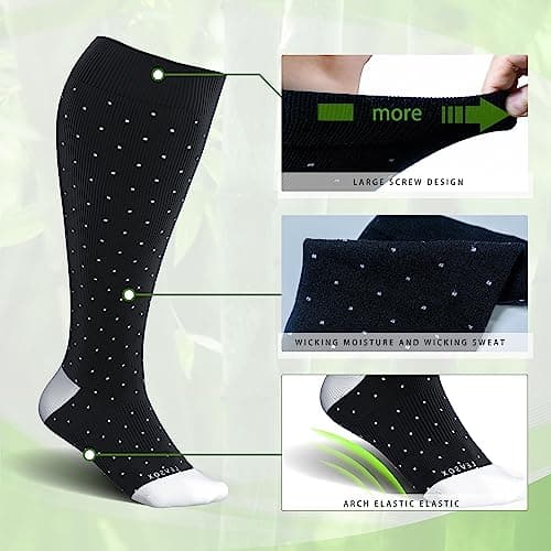 LEVSOX Bamboo Plus Size Compression Socks for Women Men Wide Calf 15-20mmHg Knee High for Pregnancy, Nurse, Travel, 3 Pairs-Dots, XL — view 4