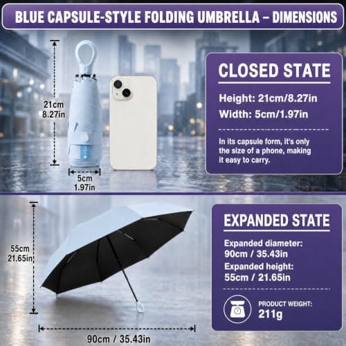 HUA JET Mini Umbrella for Women - UPF 50+ UV Protection, Sun & Rain Dual Use, Ultra-Compact Pocket Size, Lightweight Foldable Travel Umbrella with Case, Portable Shade for Beach, Commute (Blue) — view 2