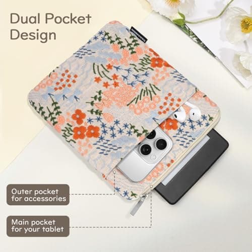 Dadanism 6-7 Inch Embroidered Flower Padded Sleeve for eReader,Beige Floral — view 4