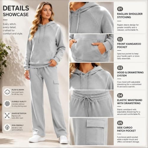Womens Tracksuit Set 2 Piece Lounge Wear UK Oversized Hoodie Wide Leg Jogger Bottoms Co Ord Set Ladies Activewear Winter Warm Fleece Leisure Outfit Gym Travel Airport Clothing Plus Size Petite — view 2