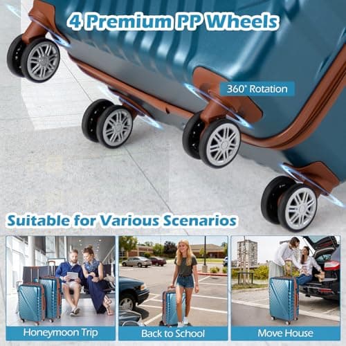 COSTWAY Travel Suitcase Set of 3, Lightweight Durable ABS Hard Shell Cabin Luggage Set with Wheels, TSA Approved Lock & Retractable Handle, Airline Approved Carry on Suitcase Trolley (Teal) — view 6