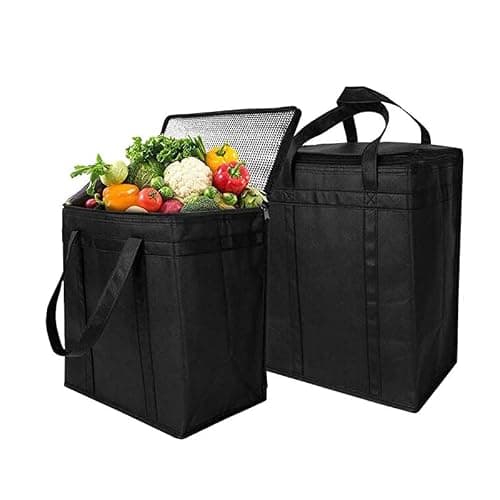 2 Pack Large Premium Quality Insulated Collapsible Cooler Bag Reusable Portable Grocery Shopping Bags with Zippers to Keep Food Hot and Cold and Handles for Takeout and Restaurant Delivery