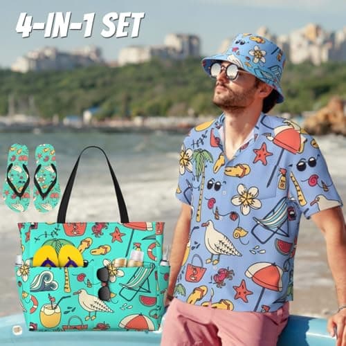Budelym Personalized Men's Hawaiian Shirts and Shorts Set, Summer Travel Set/Funny Button Down Tropical Floral Beach Set, with Beach Bag/Bucket hat/Flip-Flops — view 3