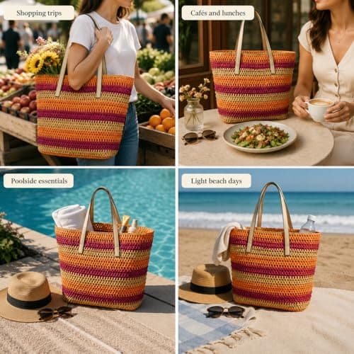 Nicole Brown Women's Straw Tote Bag Blue Multi – Woven Summer Beach Bag with Zip Closure & Interior Pocket, Lightweight Holiday Shoulder Shopper for Travel, Shopping & Beach Days — view 2