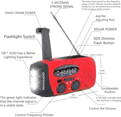 2000mAh SOS Alarm Emergency AM FM Weather Radio, 3LED Type-C Hand Crank Solar Battery Operated Portable Wind Up Radio Flashlight, Cell Phone Charger Survival Kit (Red) — view 3