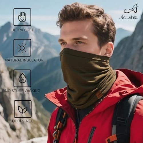 ACUSHLA 100% Merino Wool Neck Gaiter, Ski Mask Neck Warmer Unisex, Green — view 2