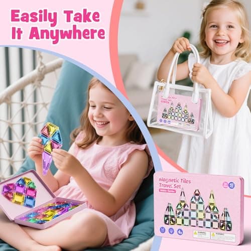 Travel Magnetic Tiles Glitter Construction Set 42pcs Travel Toys for Kids MINI Magnet Tiles with Iron Box Base, Magnetic Building Blocks Stem Toy Gift for 3+ Years Girl — view 3