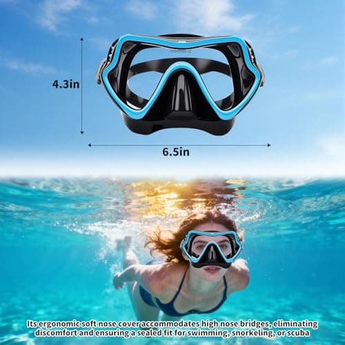 Adult Diving Mask with Nose Cover Anti-fog, HD Tempered Glass Snorkel Mask with Clear 180° Panoramic View, No Leak Swim Pool Goggles for Women Men Youth Unisex Snorkeling Freediving — view 3