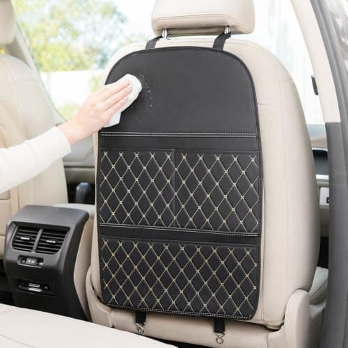 Minifactory 2Pcs Car Seat Back Anti Kick Mat PU Leather Waterproof Backrest Protector Pad with Storage Pockets Kick-Resistant Automotive Interior Accessories Universal Black (Gold Checkered Pattern) — view 4