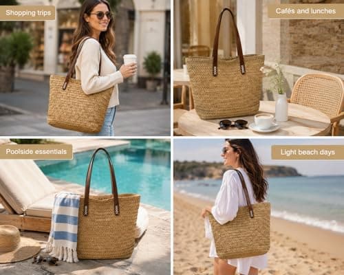 Nicole Brown Straw Tote Bag for Women Brown & Brown – Woven Summer Shoulder Bag with Zip Closure & Interior Zip Pocket, Lightweight Beach Shopper Tote for Holidays, Travel & Everyday Use — view 4