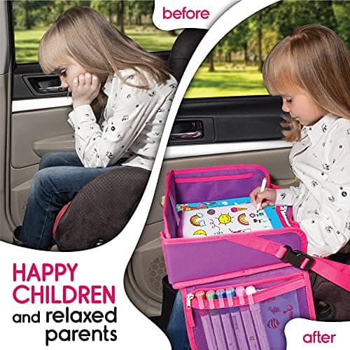 ECOFANTASY Kids Car Seat Tray & Travel Table with Tablet Holder – Pink — view 3