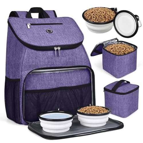 BAGLHER 丨Dog Travel Bag, Airline Approved Pet Supplies Backpack, Dog Travel Backpack Accessories Set with 2 Silicone Collapsible Bowls and 2 Food Baskets. Purple