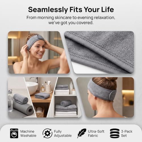 3 Pieces Grey Spa Facial Headband Makeup Hair Bands for Women's hair — view 6