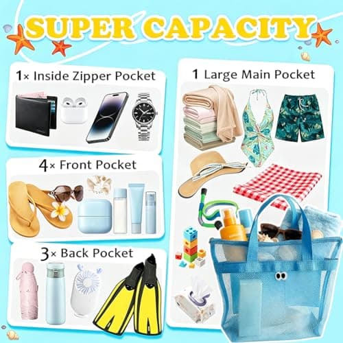 QWEPU Mesh Beach Bags, 2PCS Lightweight Large Pool Beach Tote Bag, Portable Mesh Beach Tote Bag Mesh Sand Bag Mesh Beach Bag Suitable for Pool, Beach, Travel (blue) — view 4