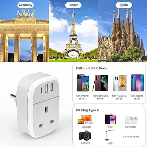 European Plug Adapter, UK to EU Euro Europe Schuko 32W USB C Fast Travel Charger Grounded USBC Adaptor Type C for Germany France Spain Turkey Greece Iceland Poland Russia Portugal Austria(Type E/F) — view 6