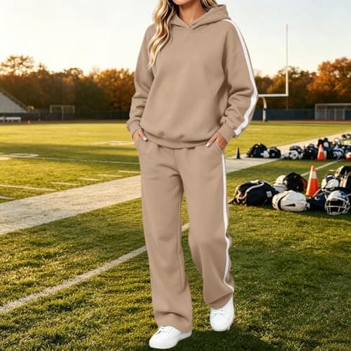 Womens Khaki Travel Outfits Two Piece Hoodie Trouser Set — view 6