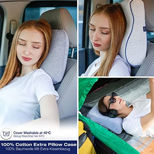 alkamto Travel Pillow - Ergonomic Neck Support Memory Foam with Temperature-Regulating Pillowcase - Includes Extra Cotton Cover and Carry Bag (13.7 x 11.8 x 3.9/3,14 In - White + Extra Cover) — view 3
