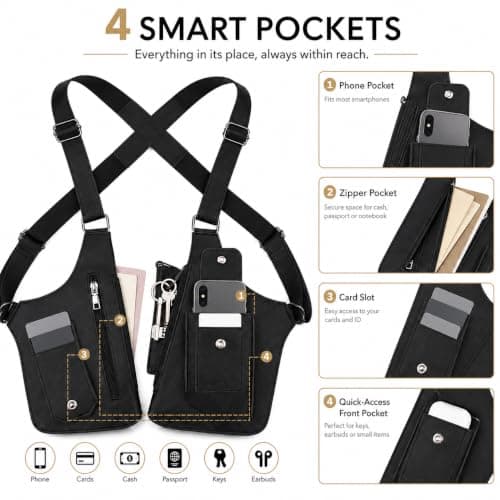 Double Shoulder Armpit Underarm Satchel Bag Men's Leather Unisex Underarm Bag Hidden Adjustable Anti-Theft Double Straps Wallet Crossbody Multi-Pocket Women for Travel Camping Hiking Daily Commute — view 3