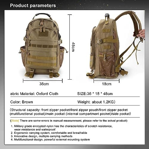 YORKING 50L Military Tactical Backpack Waterproof Assault Molle Army Assault Daypack Large Capacity Backpack for Men Women Trekking Hiking Travel Camping (Brown) — view 2