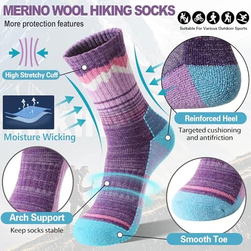 Sandsuced Womens Merino Wool Hiking Socks Thermal Winter Warm Cosy Outdoor Crew Socks 5 Pairs Gift Stocking Fillers(Purple/Blue/Dark Blue/Rose Pink/Light Blue,3-7) — view 2