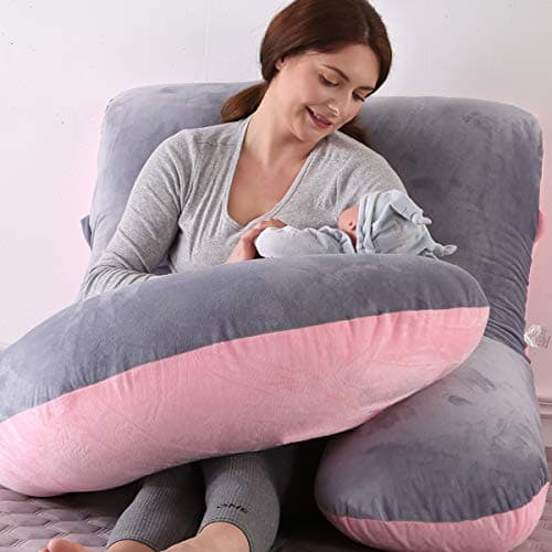Pregnancy Pillows for Sleeping, Full Body Pillow Large U Shaped Upgrade and Maternity Support with Replaceable and Washable Velvet Cover (Pink and Grey-Velvet) — view 6