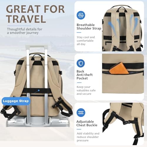 EMPSIGN 40L Travel Backpack for Women Men, Underseat Cabin Bag, Khaki — view 5