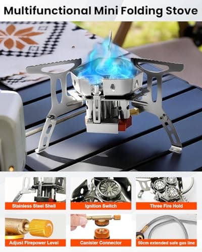 Olutula 3 Burner Folding Camping Gas Stove 6800W with Piezo Ignition, Backpacking Stove Windproof Portable Camping Stove with Adapters for Outdoor Cooking, Hiking, Fishing and BBQs — view 2