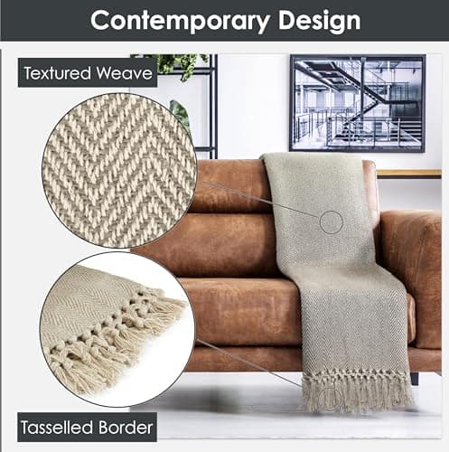 Emma Barclay Herringbone - Recycled Cotton Patterned Chair Sofa Setee Bed Throw Over Blanket in Natural - 50x60 (127x152cm) — view 3