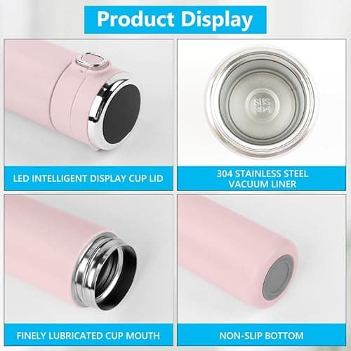 Flintronic 450ML Travel Mug Reusable Coffee Cup with Leakproof Lid Insulated Coffee Mug for Hot & Cold Drinks, BPA-Free LED Temperature Display Vacuum Stainless Steel Travel Mug (Pink) — view 4
