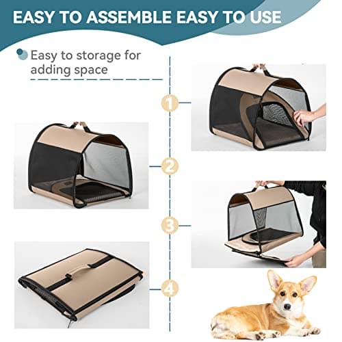 PETSFIT Soft Dog Crate, Cat Travel Carrier- 26.5 Inch Lightweight, Roomy, Easy to Set Up, Portable Pop Up Carrier with Thick Mat, Large Cat Carrier for 2 Cats，Sturdy Soft Sided Dog Crate, Khaki — view 5