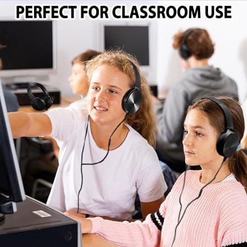 Wensdo Classroom Headphones Bulk 5 Pack with Microphone, On-Ear Wholesale Wired Kids Headphones for Students School with 3.5mm Jack for Library Home Online Learning and Travel (HY450, Black) — view 4