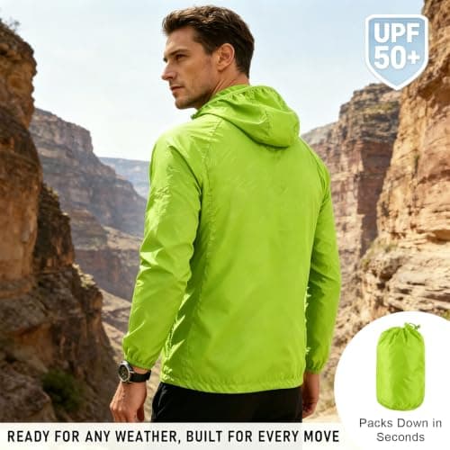 ADUDVLO Men's Lightweight Waterproof Jacket with Pockets, Packable Hooded Windproof Rain Jacket for Travel, Running & Hiking – Includes Carry Pouch (UK, Alpha, XS, Regular, Regular, Green) — view 6