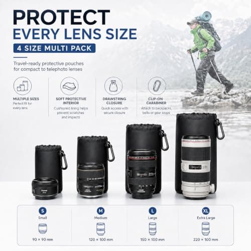 Active Pro Camera Lens Pouch Set 4 Pack (S M L XL) - Thick Protective Neoprene Lens Case Bag with Belt Loop & Hook - for Canon, Nikon, Sony, Fuji, Olympus, Panasonic, Sigma DSLR & Mirrorless Lenses — view 4