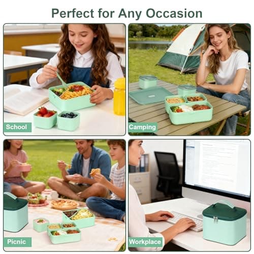 Esilihom Lunch Box, 1800ML Bento Box with Compartments, Stackable 2 Layer Reusable Meal Prep Containers with Thermal Bag & Cutlery for Adults & Kids - Office, School, Travel (Green) — view 6