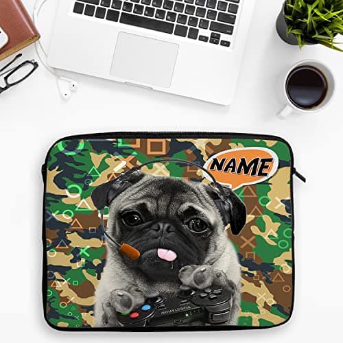 Personalised Gamer Tablet Sleeve Laptop Case Boys iPad Zip Pouch Protective Carry Travel Bag Pug Dog Birthday Gift PUG CAMER CAMO (Large 14" – 15.6") — view 2