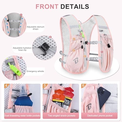 BECOJADDE Running Vest Hydration Backpack Lightweight 5L Water Pack with One 1.5L Water Bag for Men Women, Running Backpack Hydration for Marathon, Trail, Cycling, Hiking, Jogging, Pink — view 2