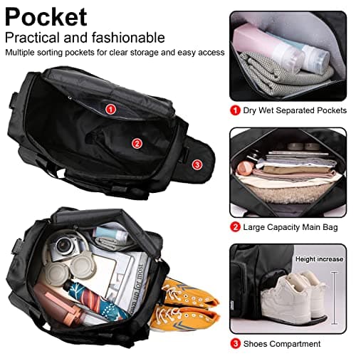 RainFlowwer Travel Duffel Bag Women Men,Sports Gym Bag with Shoes Compartment,Waterproof Travel Bag Overnight Bag with Dry Wet Separated Pocket,Carry Luggage Bag Weekender,Sports,Gym,Travel (Black) — view 6
