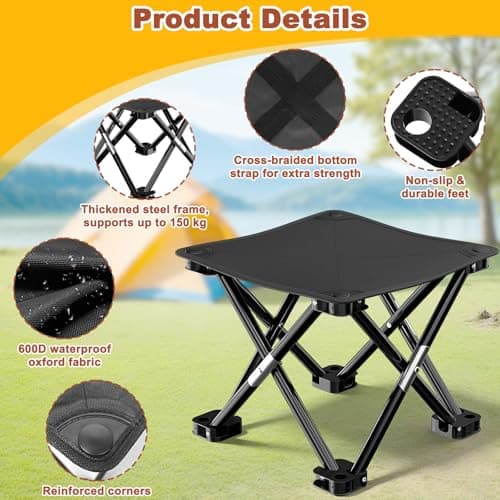 Folding Camping Stool with Carry Bag & Stable Feet, Portable Collapsible Stable Stools 33x33x33cm, Outdoor Foldable Backpack Stool Lightweight Fishing Chairs for Picnics, Travel, Camping, Gardening — view 4