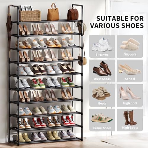 SPUSEN Metal Shoe Rack, 10 Tier Shoe Storage Organizer with Hooks,Fit 40-45Pairs Shoes,Metal Tall Shoe Shelf for Closet,Entryway,Garage,Bedroom,Cloakroom — view 6