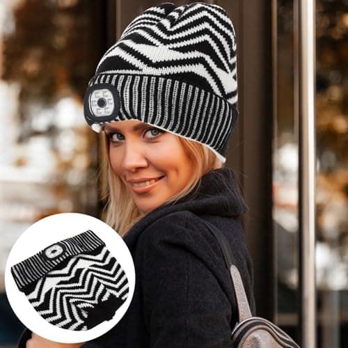 Beaupretty LED Headlamp Beanie Hat with Built-in Light, Black and White Knitted Outdoor Night Running Cap, Unisex Flashlight Knit Hat for Repair and Travel — view 3