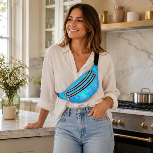 Fashion Metallic Bum Bag,Holographic Waist BagFanny Double Zipper Belt Bag Festival Rave Bumbags Waterproof Hip Pouch for Women Ladies Girls Travel Party Festival Sports Outdoor (Blue) — view 3