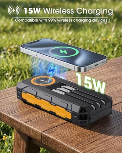 Solar Power Bank 20000mAh Built-in 3 Cables, Wireless Portable Charger 20W Fast Charging Battery Pack with USB C, Flashlight, Solar Charger for iPhone 17 16 Pad Galaxy Tablet Camping Travel (Orange) — view 3