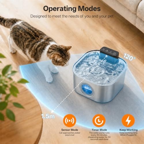 VinDox Wireless Cat Water Fountain for Drinking,108oz/3.2L 20dB Ultra-Quiet 4200mAh Battery Operated Stainless Steel with Motion Sensor for Cats & Dogs (6 Filters + 6 Sponges) — view 2