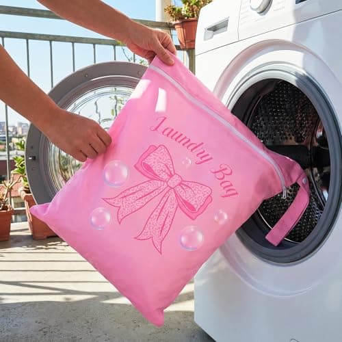 2PC Travel Laundry Bags, 55X45CM Large Waterproof Laundry Bags with Side Handles & Zippers, Dirty Clothes Organiser for Travel & Home Use (Pink Bows on Pink Background) — view 3