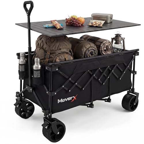 MoverX 300L Camping Trolley on Wheels, Table Folding Wagon, Portable Camping Cart, Foldable Trolly for Festival Beach Outdoor Garden Picnic Shopping Fishing, Wide Wheels, Adjustable Handle, Black